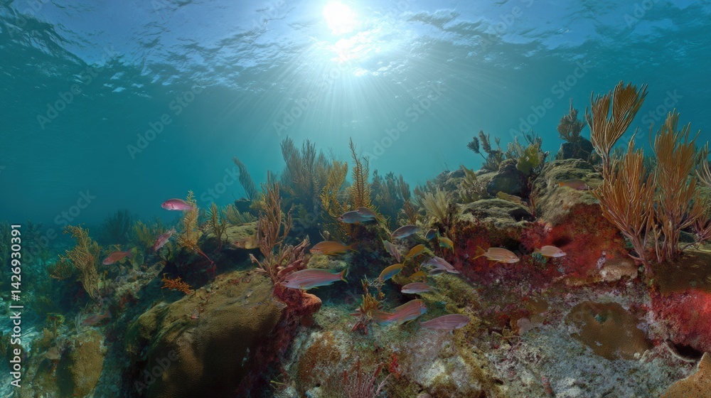 Fototapeta premium Vibrant underwater ecosystem showcasing diverse marine life and coral formations in a serene ocean environment with sunlight filtering through water concept