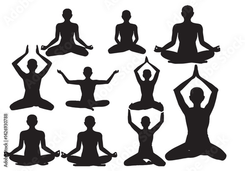 Yoga silhouettes of a woman in lotus pose illustrate fitness, relaxation, and a healthy lifestyle