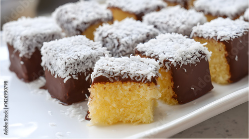 Delicious Lamington Squares with Sponge Cake and Coconut Topping Arranged on a White Plate