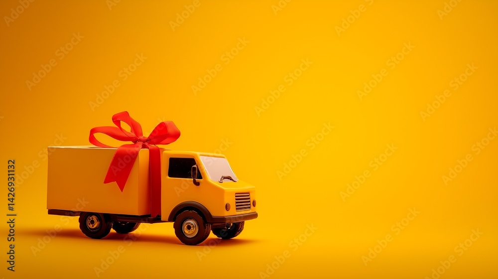 toy truck with gift box isolated on yellow background