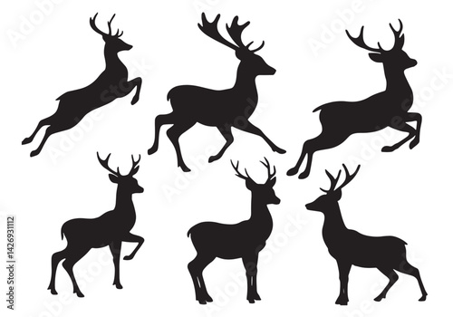 A vector set features wild deer and reindeer silhouettes, showcasing their antlers in a natural, artistic illustration