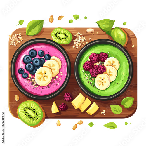 Colorful Smoothie Bowl Board with Fresh Fruits and Oats