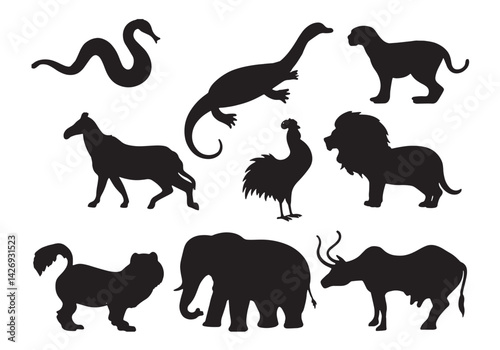 A black vector silhouette collection showcases various farm animals, including a horse, cow, and goat, alongside wild mammals like a tiger and bear