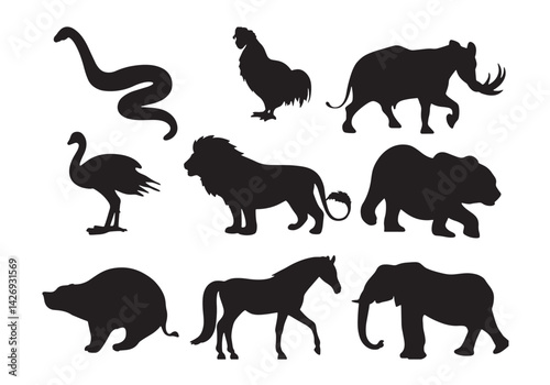 Black vector silhouettes depict a wild animal collection including tiger, elephant, bear, deer, wolf, lion, giraffe, and farm animals like cow, horse, dog, cat