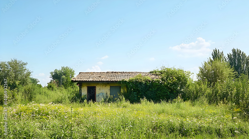 Abandoned House In Overgrown Field Under Sunny Blue Sky Abandoned House In Overgrown Field Under Sunny Blue Sky