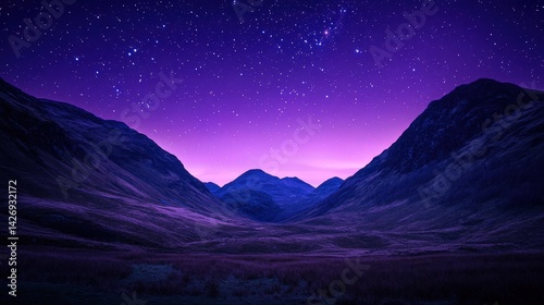 Stunning night view of a valley under a starry sky, surrounded by majestic mountains glowing in purple hues.