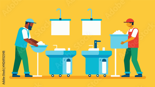 Setting up portable s and handwashing stations for workers to use onsite.. Vector illustration