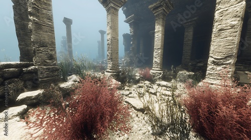 Sun-drenched ruins of a submerged ancient temple. photo