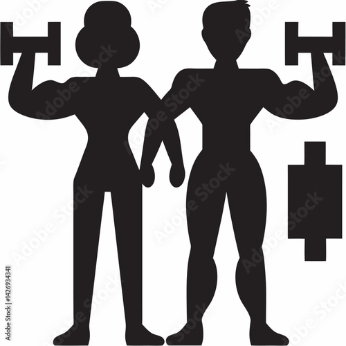 Fitness couple lifting weights silhouette strong athletic people together workout illustration