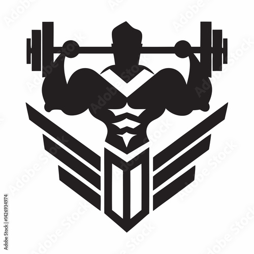 Muscular bodybuilder lifting barbell with wings logo symbol in black silhouette