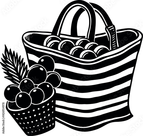 Illustration of a Beach Tote with Grapes Apples
