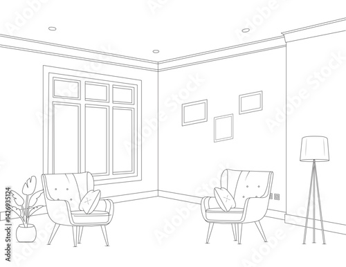 Hand drawing modern living room with white background, sketch line art, Line drawing of furniture for living room interior with chair lamp and potted plant, large windows,Modern interior and furniture