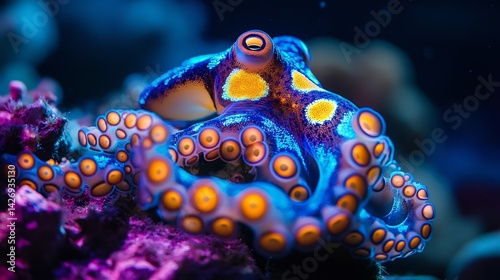 Mesmerizing view of a blue ringed octopus resting on a coral reef glowing bioluminescent rings flashing in intricate patterns extreme macro wildlife shot