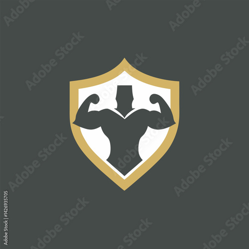 Strong bodybuilder silhouette inside a shield for fitness and gym logo design