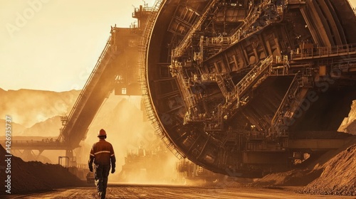 Lone Miner Contemplates Immense Mining Wheel: A Golden-Hour Industrial Scene