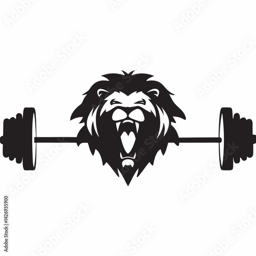 Roaring lion lifting barbell vector graphic fitness gym design element