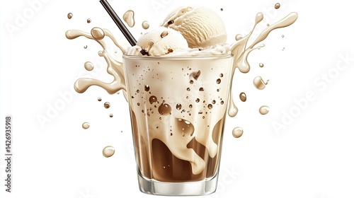 Obraz na płótnie 3D cartoon glass filled with soda and vanilla ice cream float, creamy bubbles rising, on white background w salonie