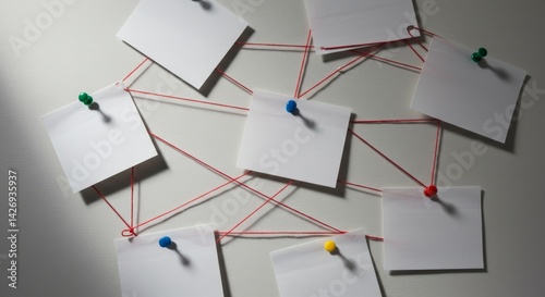 Blank paper notes connected with red threads on wall