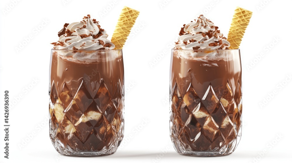 3D iced chocolate drink with whipped cream and wafer stick, isolated on white with rich detail
