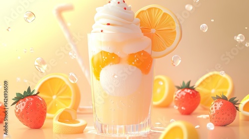 3D lemon soda topped with ice cream and fruit slices, cartoonish texture, clean background