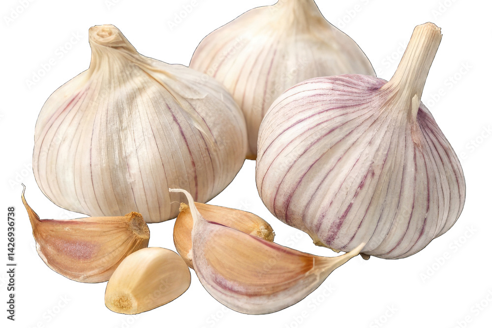 Obraz premium Close-Up of Fresh Garlic Bulbs and Cloves Isolated on White Background