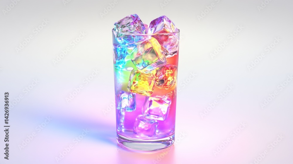 A 3D cartoon drink bursting with rainbow colors in a tall glass with shiny ice cubes, glowing from vibrant purple studio lights