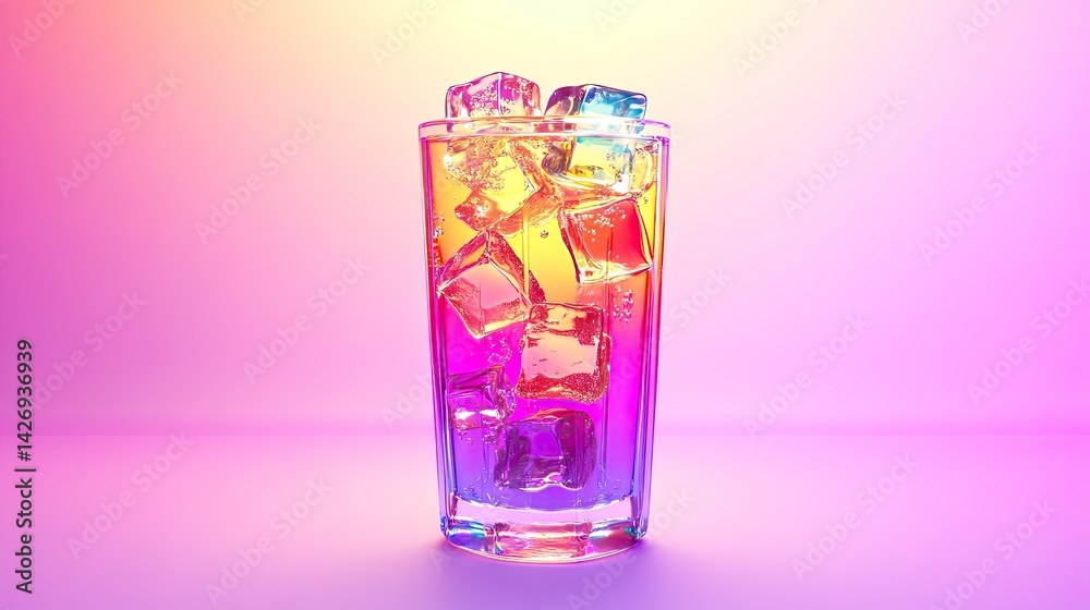 A 3D cartoon drink bursting with rainbow colors in a tall glass with shiny ice cubes, glowing from vibrant purple studio lights