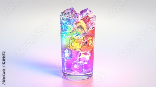 Obraz na płótnie A 3D cartoon drink bursting with rainbow colors in a tall glass with shiny ice cubes, glowing from vibrant purple studio lights w salonie