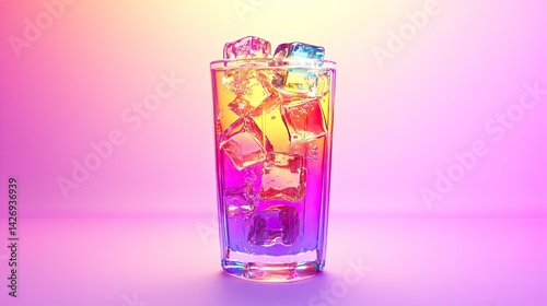 Obraz na płótnie A 3D cartoon drink bursting with rainbow colors in a tall glass with shiny ice cubes, glowing from vibrant purple studio lights w salonie
