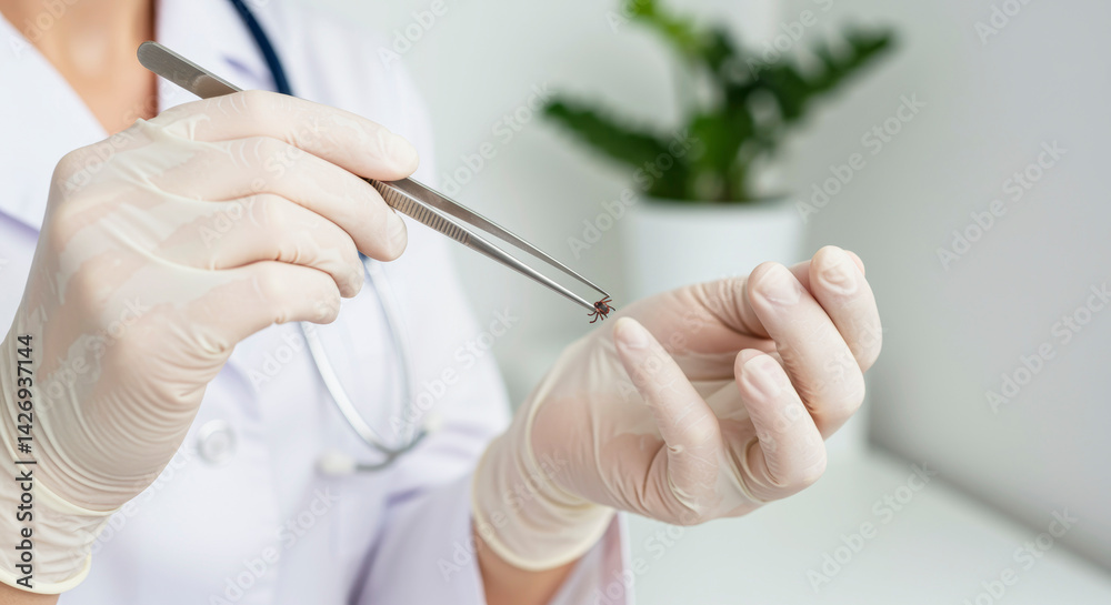 Doctor holding a tick with tweezers in gloved hand – close-up macro photo Doctor holding a tick with tweezers in gloved hand – close-up macro photo