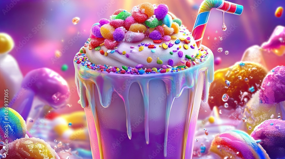 A cartoon milkshake topped with rainbow candy, drizzling syrup, and crunchy sprinkles, detailed with soft textures and lit with purple highlights.