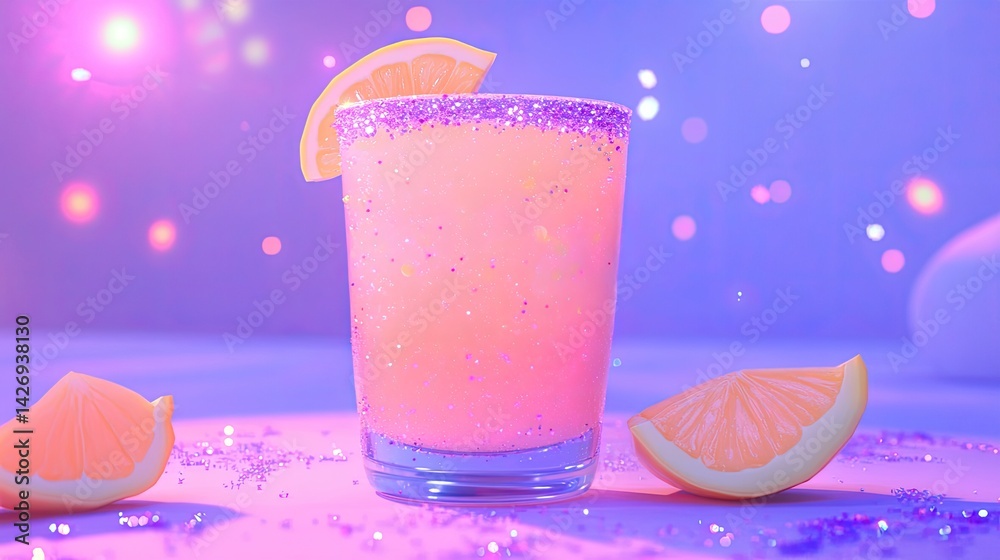 A dreamy pink lemonade cartoon drink with vivid fruit wedges and glitter, highly textured and glowing in purple light on white.