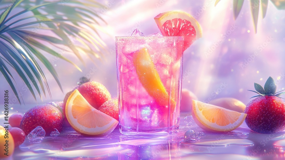 A dreamy pink lemonade cartoon drink with vivid fruit wedges and glitter, highly textured and glowing in purple light on white.