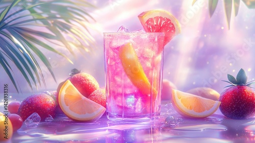 Obraz na płótnie A dreamy pink lemonade cartoon drink with vivid fruit wedges and glitter, highly textured and glowing in purple light on white. w salonie