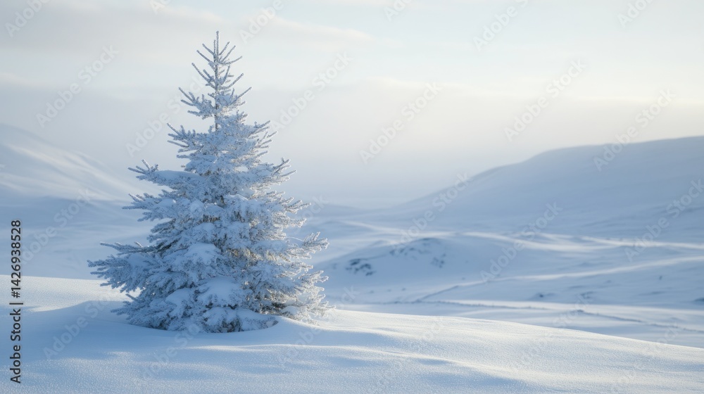 Obraz premium Solitary winter pine tree in pristine snow-covered landscape