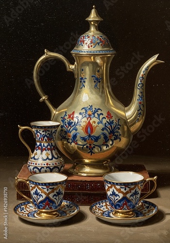 Ornate Eastern teapot set with decorative cups and saucers on a wooden table
