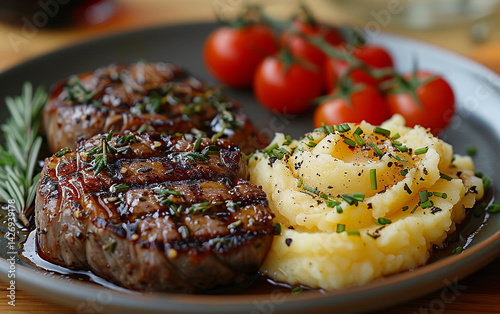 Sophisticated lamb chop with rosemary, served with a swirl of garlic mashed potatoes—perfect for elegant dinners, gourmet meals, and fine dining photography.

