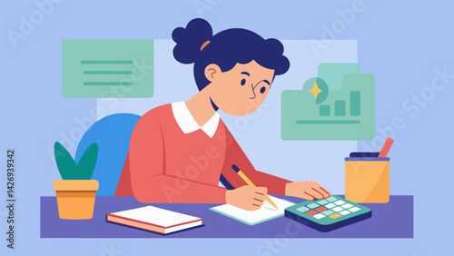 A young student sits at their desk pen in hand jotting numbers on a sheet of paper as they try to construct a budget that will stretch their limited. Vector illustration