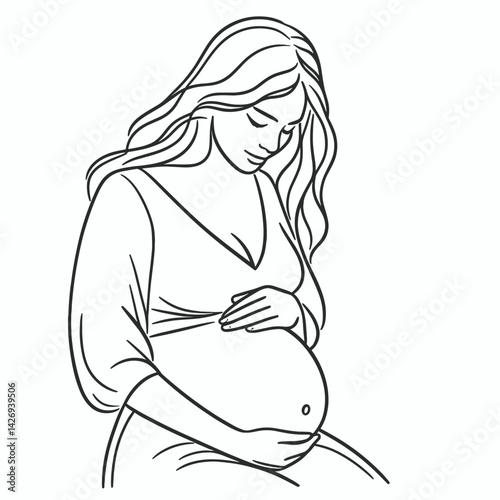 Pregnant woman holding belly, feeling peaceful, minimalist flat vector illustration, white background