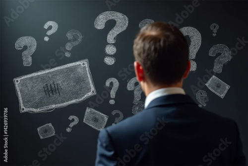 Businessman facing financial uncertainty numerous question marks and money symbols on a dark