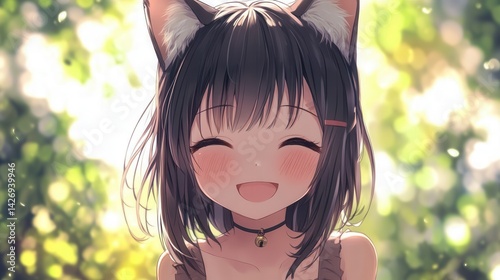 An anime girl with cat ears, smiling happily.