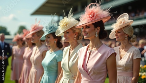 Elegant women in stylish outfits, fancy hats at Royal Ascot race. Ladies wear gorgeous dresses, hats, jewelry. Festive atmosphere, race track background. Fashion, beauty, millinery, celebration of