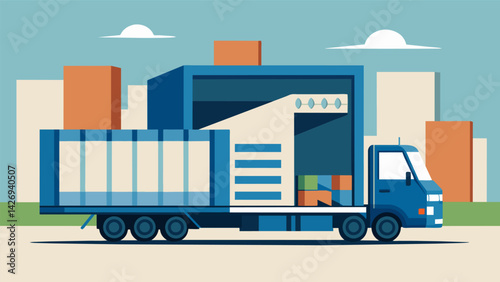 The truck is carefully backing up to avoid any damage to the premade components which have been designed and built offsite for maximum efficiency.. Vector illustration