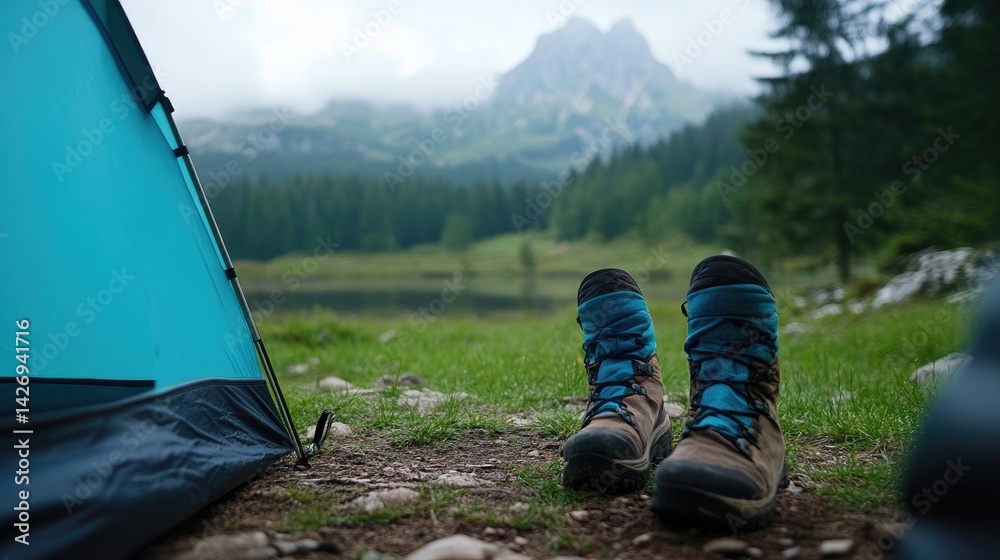 Fototapeta premium Camping tent hiking boots outdoor adventure mountain landscape