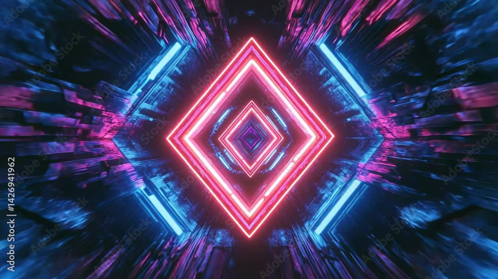 Neon tunnel vj loop background flying through diamond shaped glowing corridor