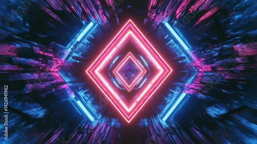 Neon tunnel vj loop background flying through diamond shaped glowing corridor