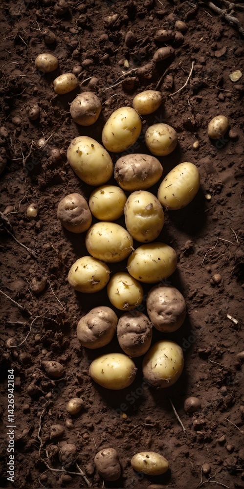 Raw potatoes from field on ground background. Top view flat lay.
