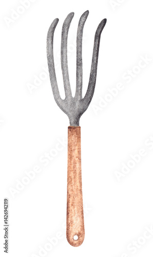 Hand drawn painted watercolor little garden stainless steel metal shovel with wooden texture handle.Design element.
