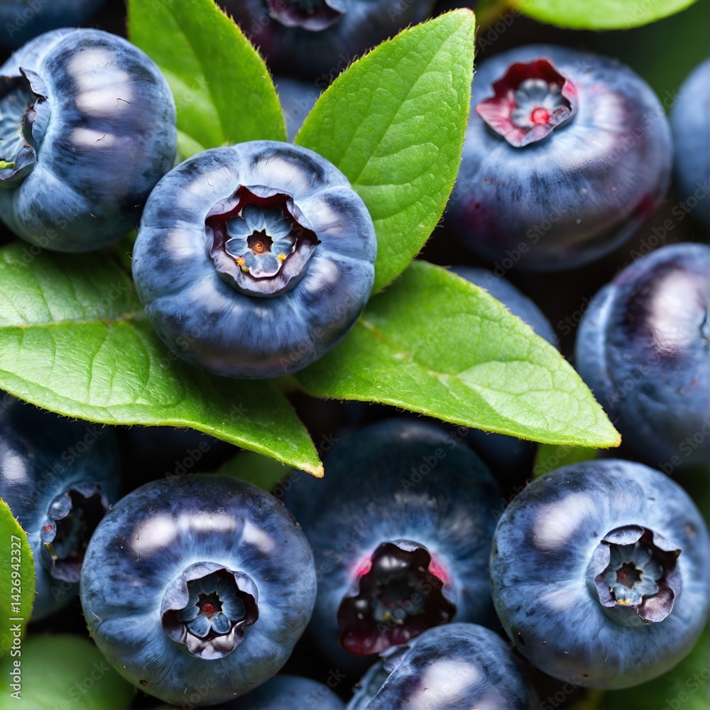 Fresh blueberry with green leaves. Food background.
