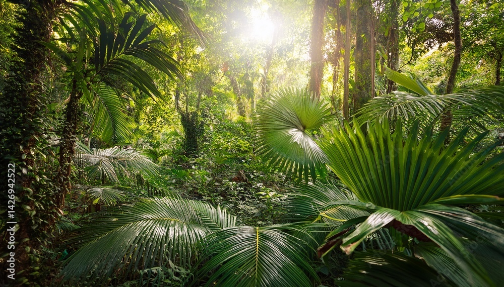 Naklejka premium a lush dense jungle with sunlight filtering through the green leaves